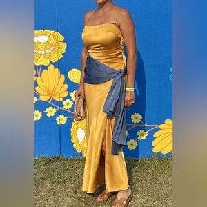 Astr Satin Cowl Midi Dress in Mustard Gold